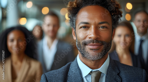 Smiling and confident CEO - close-up shot - business leader - blurred background  photo