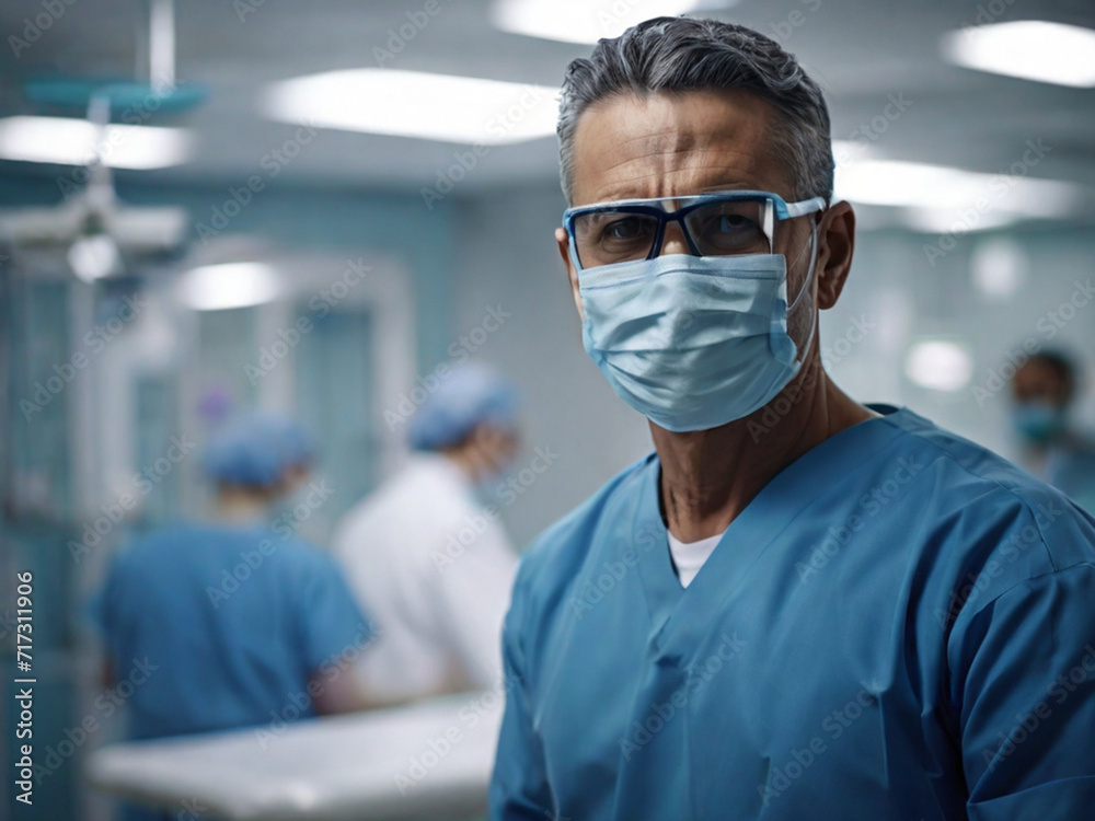 Portrait of a doctor in vigil man in uniform and security mask at the intensive care station. Portrait of a doctor in vigil man in uniform and security mask at the intensive care station.