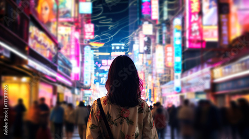 夜のネオン街を歩く若い女性の後ろ姿 photo