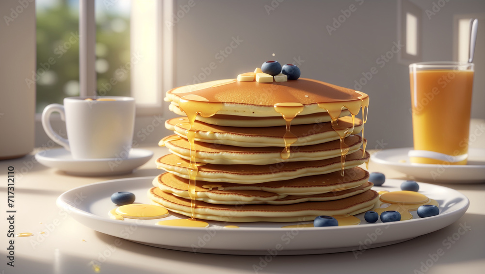 A stack of pancakes sitting on top of a white plate A stack of pancakes sitting on top of a white plate