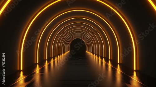 Rounded curve golden line dark tunnel of lights 