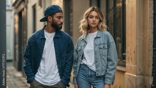 a man and a woman are walking down the street wearing matching outfits consisting of denim jackets and jeans. They are both wearing white t-shirts and the woman is also wearing a cap.