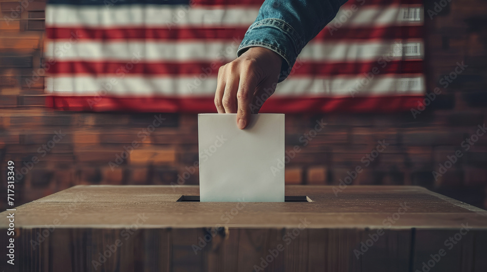Election - ballot being placed in ballot box - American flag background - patriotic - poll - voting - votes - campaign - politician  - obrazy, fototapety, plakaty 