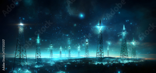 Futuristic cellular towers with blue lines in the sky with focus on light and energy