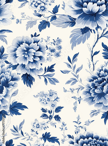minimalist floral chinoiserie pattern, blue and white photo