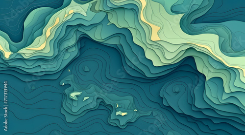 Cerulean Artistic Topographical Ocean Map Stylized Sea Depth Illustration, A topographical map, varying depths and land elevations of a marine landscape in multiple shades of blue photo