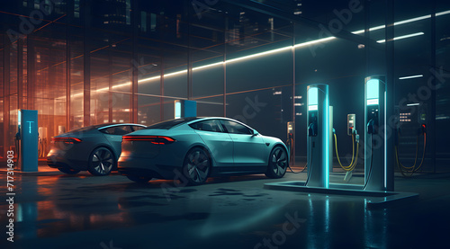 A Vision of Tomorrow's Automotive Infrastructure, futuristic electric vehicles charging station, the evolution of fueling in the context of modern, eco-friendly © MAJGraphics