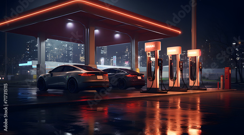 A Vision of Tomorrow's Automotive Infrastructure, futuristic electric vehicles charging station, the evolution of fueling in the context of modern, eco-friendly