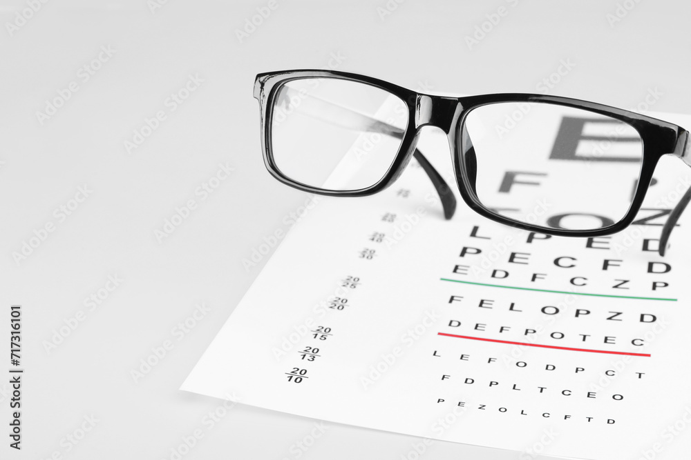 Glasses and vision test chart isolated on white Glasses and vision test chart isolated on white