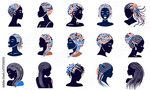 Colorful afro braids and hairstyles Vector Set of diversity	