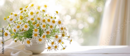 Charming chamomile flowers in a vase on a white table.