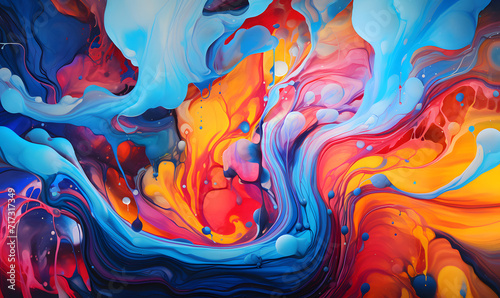 A vibrant and colorful abstract fluid painting  with swirls of blue  orange  and purple merging in a dreamlike pattern