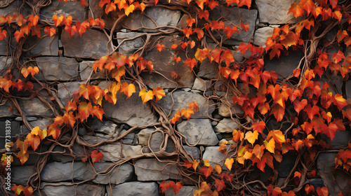 A stone wall adorned by a variety of colorful leaves, the beauty of nature's seasonal transformation
