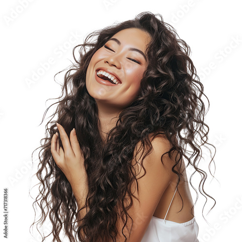 Beauty brunette laughing asian young woman with long shiny curly hair, Beautiful happy woman model posing wavy hairstyle, Cosmetology, cosmetics and make-up, isolated on white background, png