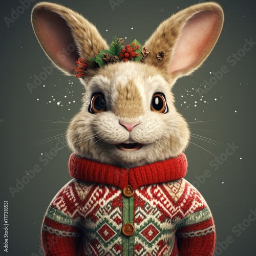 Funny bunny in Christmas sweater and scarf on a dark background, Ai Generated