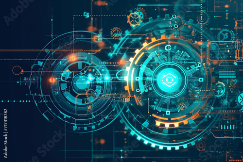 Illustration of a digital transformation concept with gears and digital elements, IT, tech illustration