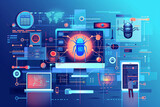 Illustration of a software testing process with devices and bug icons, IT, tech illustration