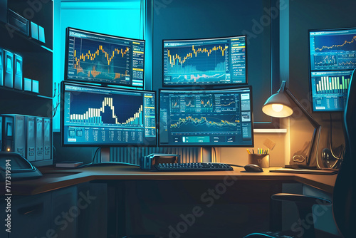 Illustration of a trader's desk with screens showing market data, trading, tech illustration
