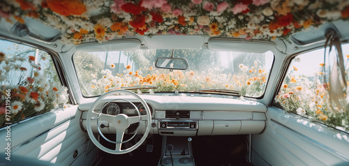 The car interior is filled with flowers