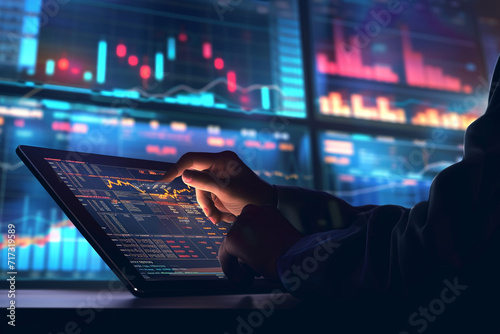 Illustration of a business person analyzing financial news on a tablet, trading, tech illustration