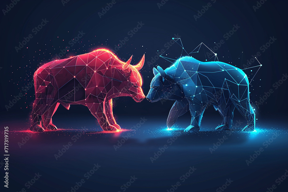 Illustration of a bull and bear symbolizing market trends, trading, tech illustration