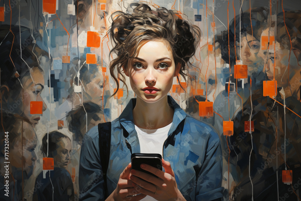 In an art gallery filled with abstract paintings, a girl takes a selfie, her expression mirroring the emotional impact of the artwork surrounding her. In an art gallery filled with abstract paintings, a girl takes a selfie, her expression mirroring the emotional impact of the artwork surrounding her.
