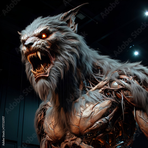 A Scary Terrifying Ravaged Blood Red Thirsty Werewolf Wolf Man Head Nighttime Monster Growl Yellow Eyes & Mouth Open Transformed Showing Sharp Teeth inside Convention Center Building Last Death Wish