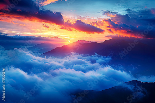 Clouds over the mountains above the sunset, romantic moonlit seascapes, vibrant fantasy landscapes , brightly colored, mist, iconic. 