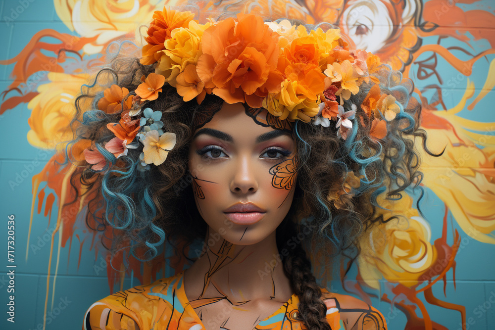 Fototapeta premium Amidst an array of street art murals, a girl takes a selfie, incorporating the vibrant colors and eclectic designs into her self-portrait.