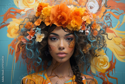 Amidst an array of street art murals, a girl takes a selfie, incorporating the vibrant colors and eclectic designs into her self-portrait.