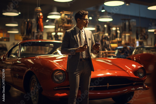 In a classic car showroom, a guy takes a selfie, the polished vehicles and vintage aesthetic creating a nostalgic and stylish frame. © Solid