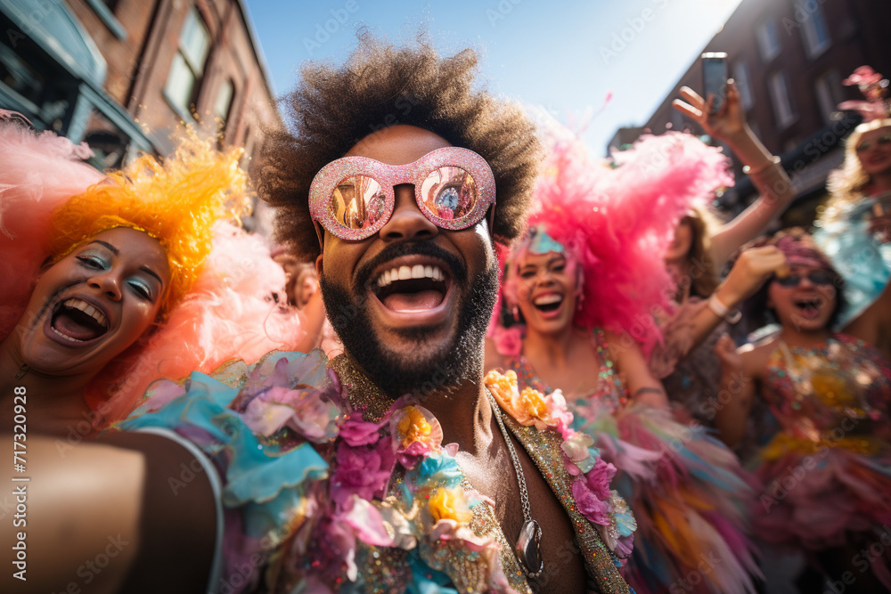 Obraz premium A guy captures the vibrant chaos of a street festival, taking a selfie surrounded by performers, colorful decorations, and excited attendees.