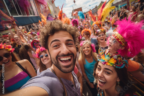 A guy captures the vibrant chaos of a street festival, taking a selfie surrounded by performers, colorful decorations, and excited attendees.