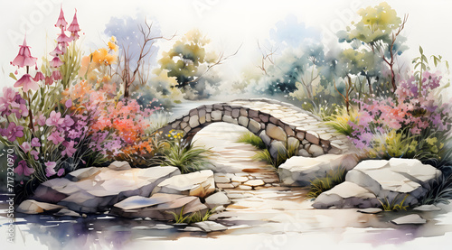 Bridge over the river: Watercolor River in the forest pond with flowers