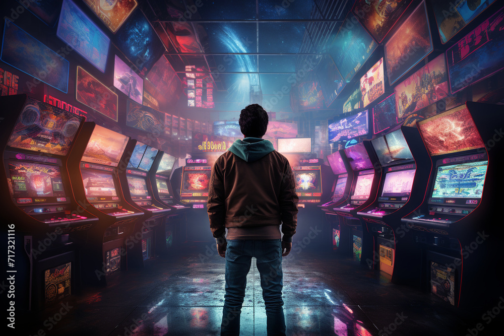 At a retro arcade a guy takes a selfie surrounded by vintage gaming