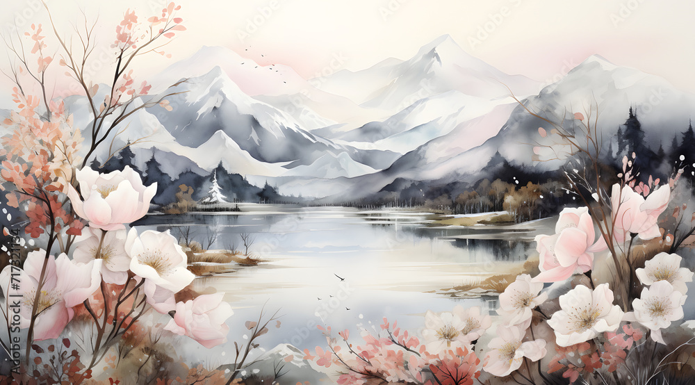 Watercolor painting of a mountain landscape with a lake in the foreground, surrounded by flowers and trees. mountains are shrouded in mist