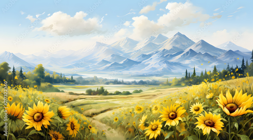 Panorama landscape of a sunflower field in full bloom, stretching towards the foot of snow-capped mountains. The vibrant yellow flowers art