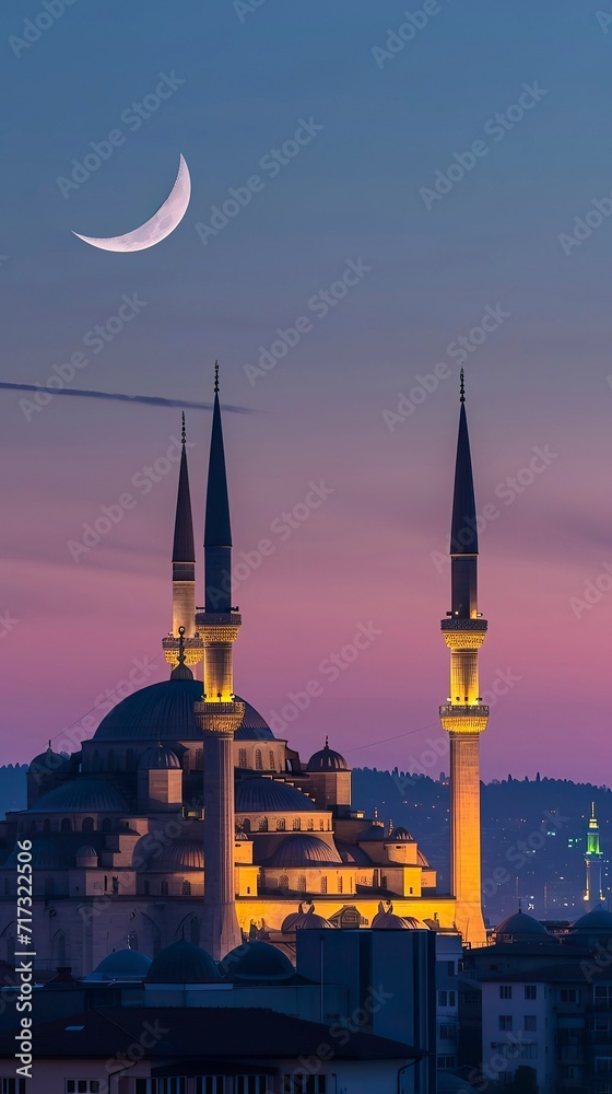 Naklejka premium Crescent Moon Over Illuminated Mosque
