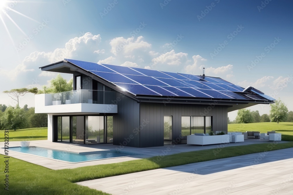 Residential Home with Solar Panels, Garage, and Lush Garden in Front, Embracing Luxury and Modern Energy Solutions Residential Home with Solar Panels, Garage, and Lush Garden in Front, Embracing Luxury and Modern Energy Solutions