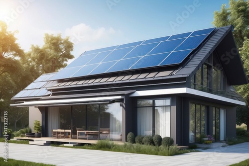 Residential Home with Solar Panels, Garage, and Lush Garden in Front, Embracing Luxury and Modern Energy Solutions