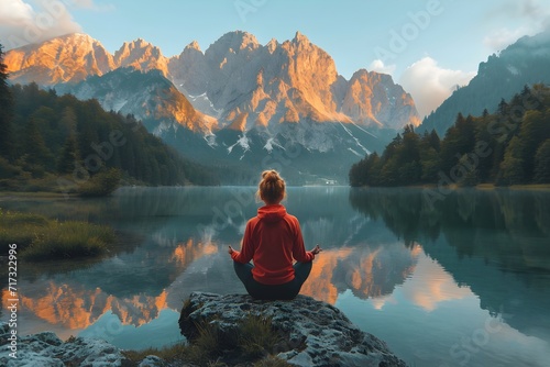 湖畔で瞑想をする女性の後ろ姿 photo
