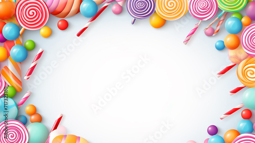 candy shop frame template background with set of different colors of colorful sweet snacks