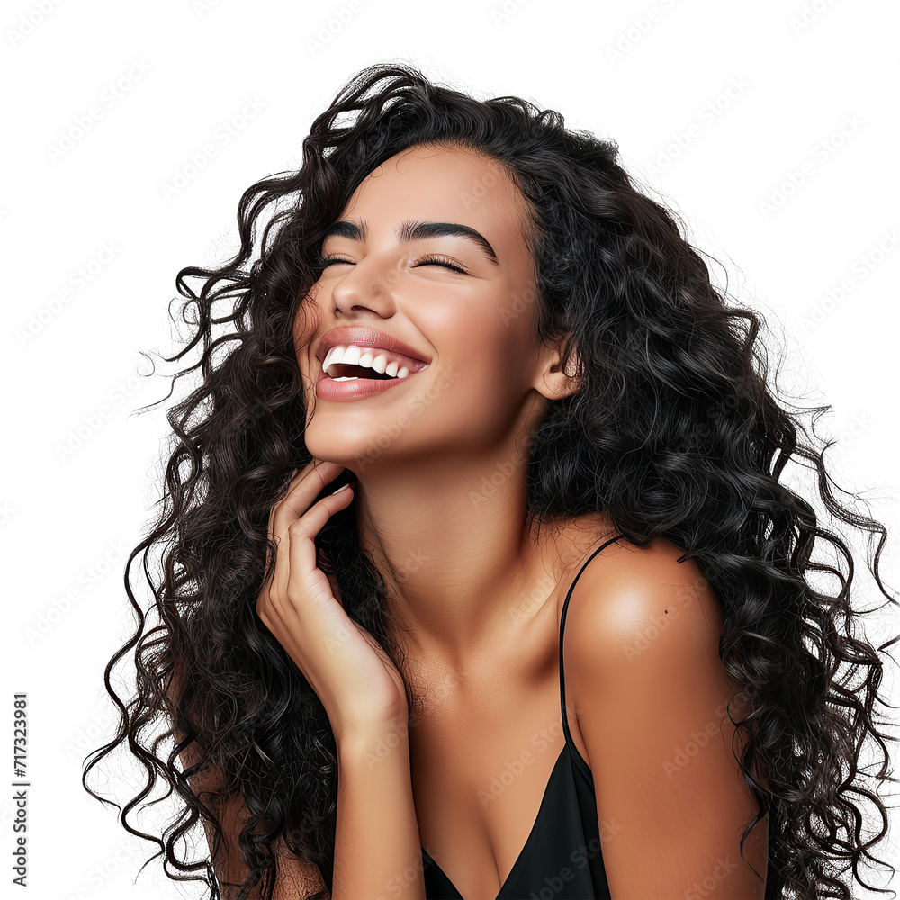Beauty brunette laughing young woman with long shiny curly hair, Beautiful happy woman model posing wavy hairstyle, Cosmetology, cosmetics and make-up, isolated on white background, png - obrazy, fototapety, plakaty 