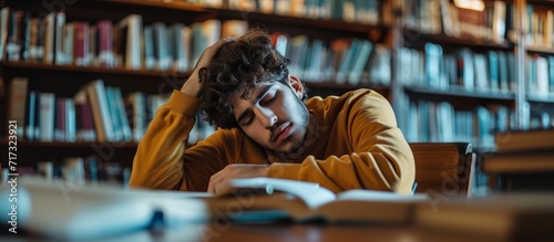 Fatigued university student studying and reviewing for exams at a library.