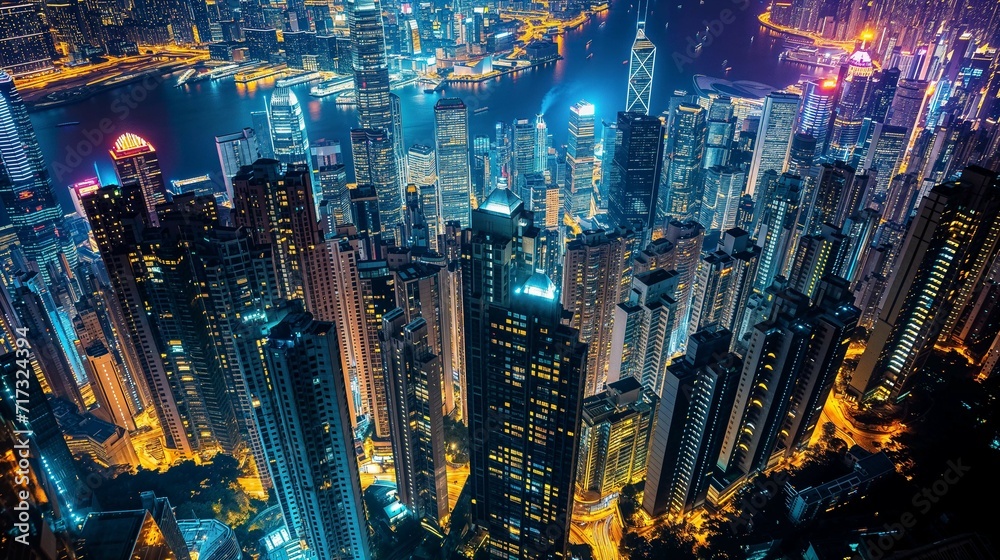 Nighttime Aerial View of Hong Kong Skyline