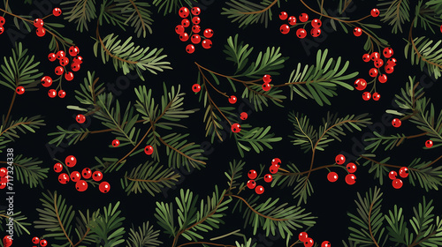 Christmas tree fir branches and berries simple seamless background