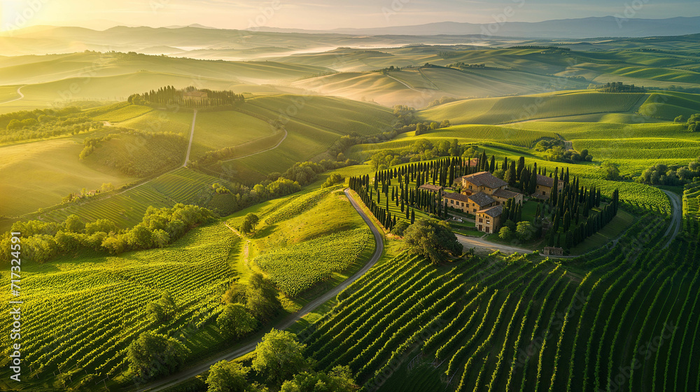 Golden Hour Over the Rolling Hills of a Tuscan Vineyard