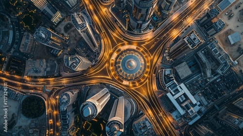 Aerial View of Illuminated Urban Roundabout at Twilight