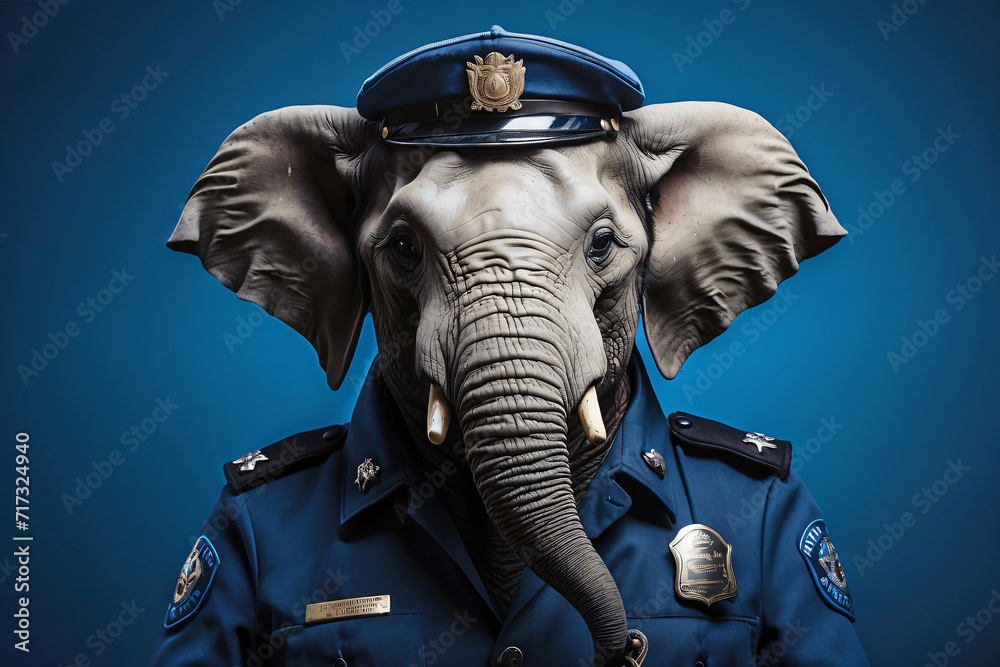 elephant wearing police uniform on blue background