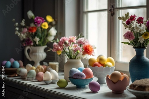 Indoor setting adorned with Easter-themed decorations like spring flowers arranged in a vase and colorful eggs. Generative AI